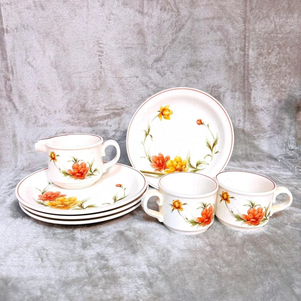 Noritake Roanoke‎ Floral Stoneware Creamer Dessert Set Vintage Japan Orange 70's
